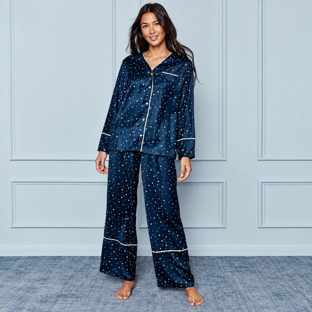 Summersalt Cloud 9 Silky PJ Set Large Navy Gold Celestial Dot Pajamas Loungewear